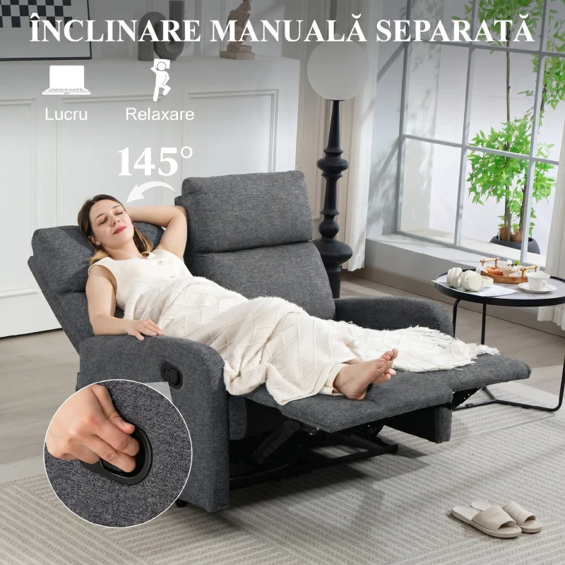HOMCOM Canapea cu 2 Locuri Rabatabilă la 145° și Tapițată cu Chenilă Gri, 124x91x100 cm