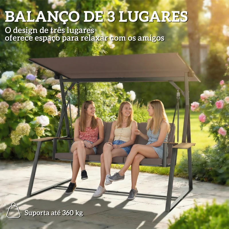 Outsunny Baloiço de Jardim de 3 Lugares com Teto Ajustável UPF50+ 2 Bandejas Almofadas e Estrutura em Metal 222x131x175 cm Marrom