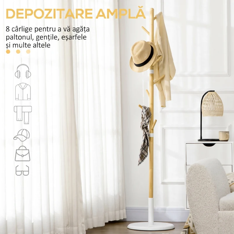 HOMCOM Cuier tip copac cu 8 cârlige și bază rotundă din bambus, lemn și metal, Ø37.8x175.6 cm, culoare lemn și alb