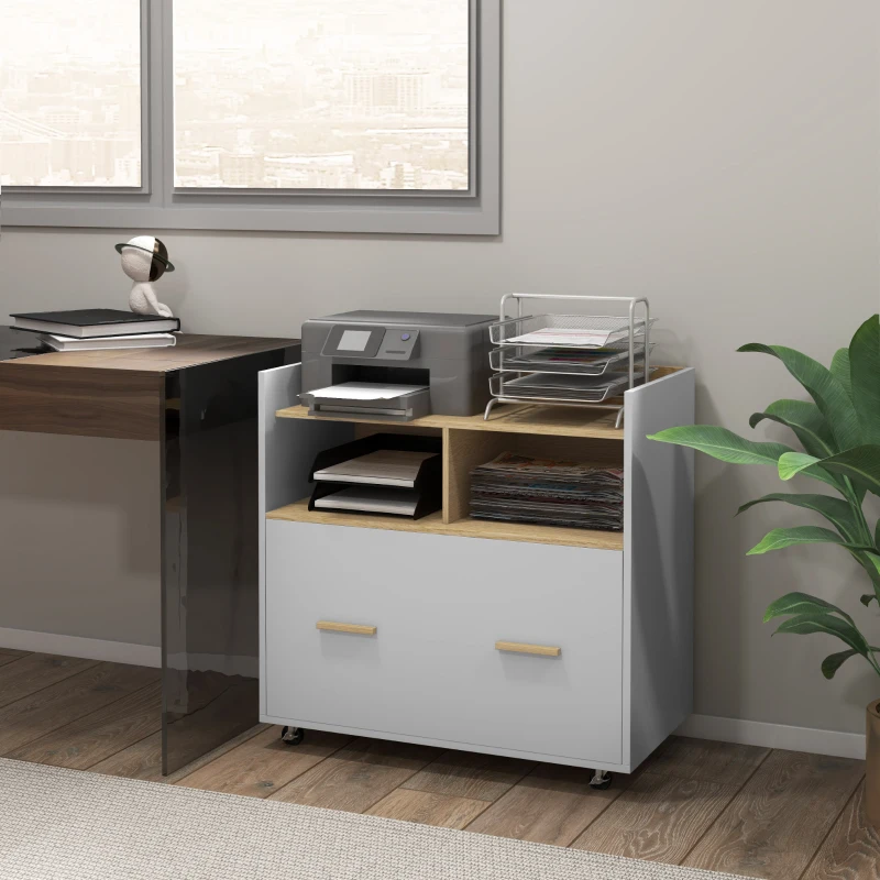 Vinsetto Armário para Escritório Armário para Arquivos com Rodas e Barra Suspensa para Tamanho A4 76x40x75,5 cm Branco e Madeira