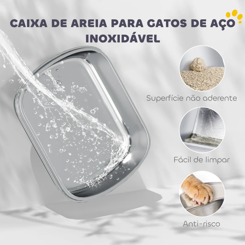 PawHut Caixa de Areia para Gatos em Aço Inoxidável XL com Tampa Abatível Laterais Altas Entrada Superior e Pá 52,4x41,3x42 cm Branco