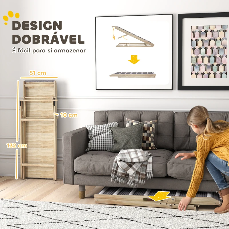 PawHut Rampa para Cães Dobrável com Altura Ajustável 41-60 cm e Tapete Antiderrapante 120x50x60 cm Madeira e Cinza