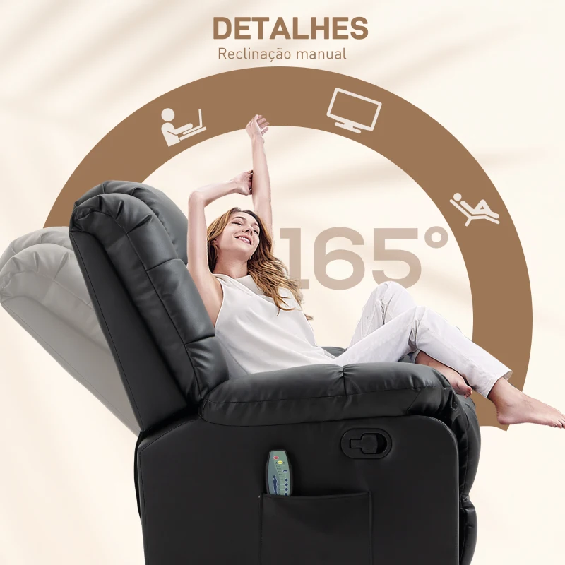 HOMCOM Poltrona de Massagem Poltrona Relax Reclinável com 8 Pontos de Massagem Controlo Remoto Estofada em PU 94x99x99 cm Preto