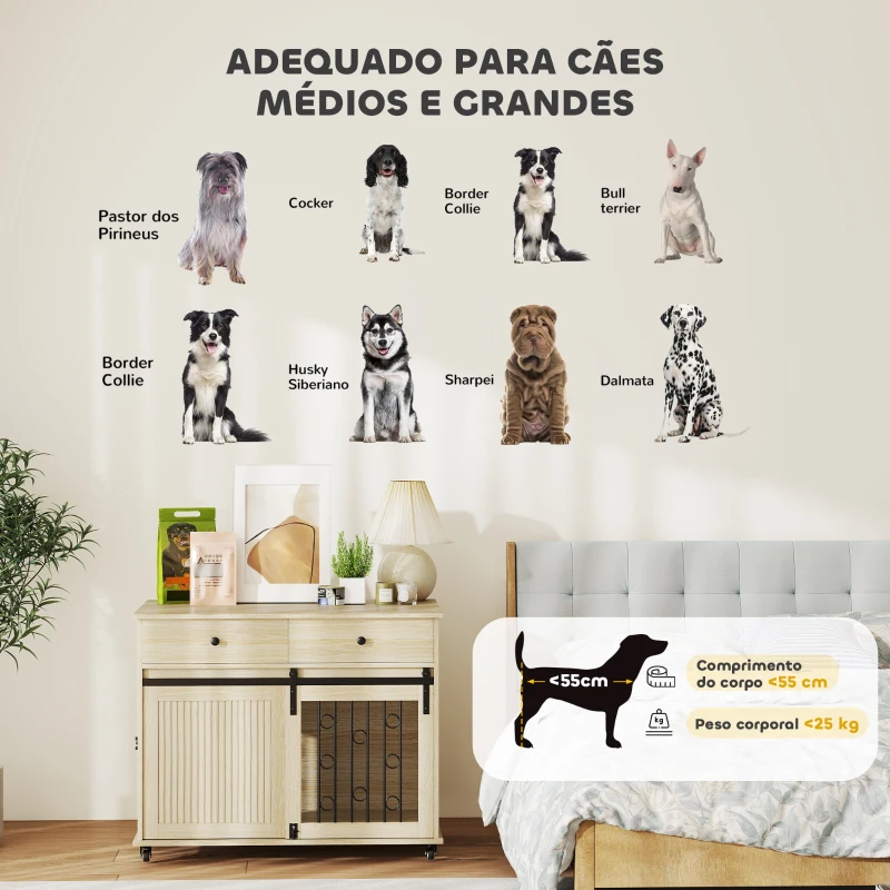 PawHut Gaiola para Cães Médios e Grandes Mesa de Apoio Moderna com 2 Gavetas 2 Portas e Fecho 100x56x81 cm Carvalho