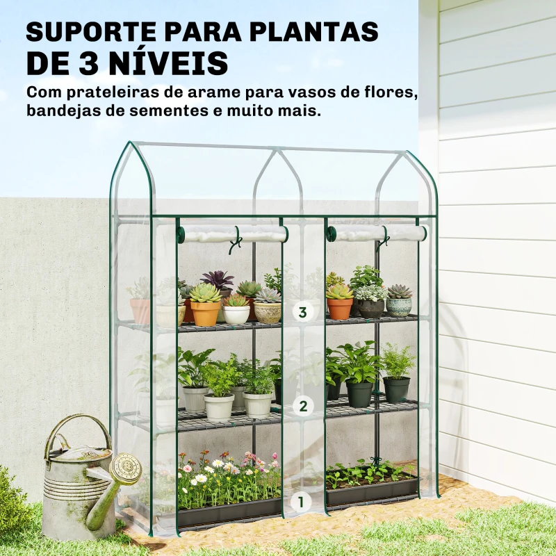 Outsunny Estufa Pequena de 3 Níveis 2 Portas Enroláveis Estrutura de Aço Cobertura de Plástico 143x46x165 cm Transparente
