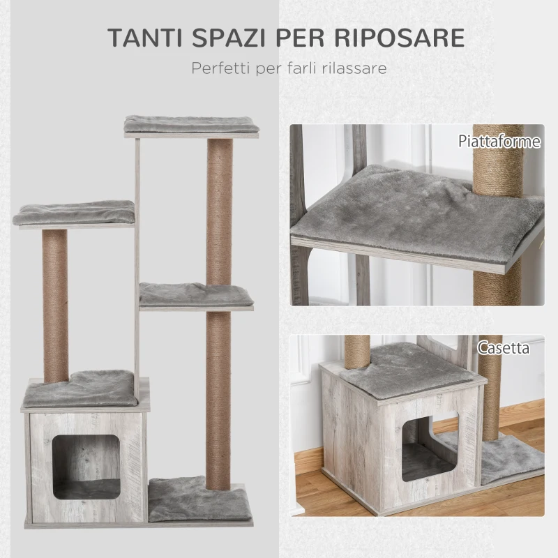 PawHut Albero Tiragraffi per Gatti Multi-livello con Cuccia e Corde in Iuta, 67x38.5x114 cm, Grigio