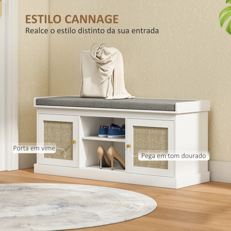 HOMCOM Banco Sapateira com Assento Acolchoado Portas em Vime e Prateleira Aberta para 9 Pares de Sapatos 105x35x47 cm Branco