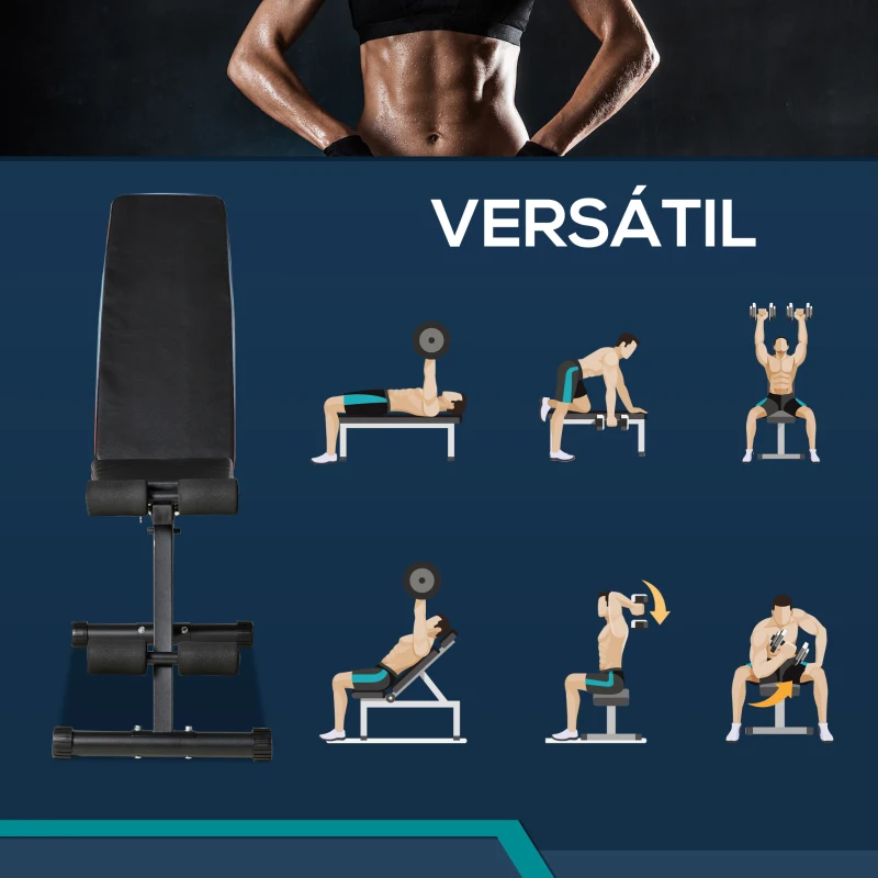 HOMCOM Banco de Pesas Plegable 2 en 1 Banco de Musculación de Acero con Altura Ajustable Respaldo Inclinable en 7 Posiciones para Entrenamiento en Hogar Gimnasio Carga 300 kg 116x43x56-116 cm Negro