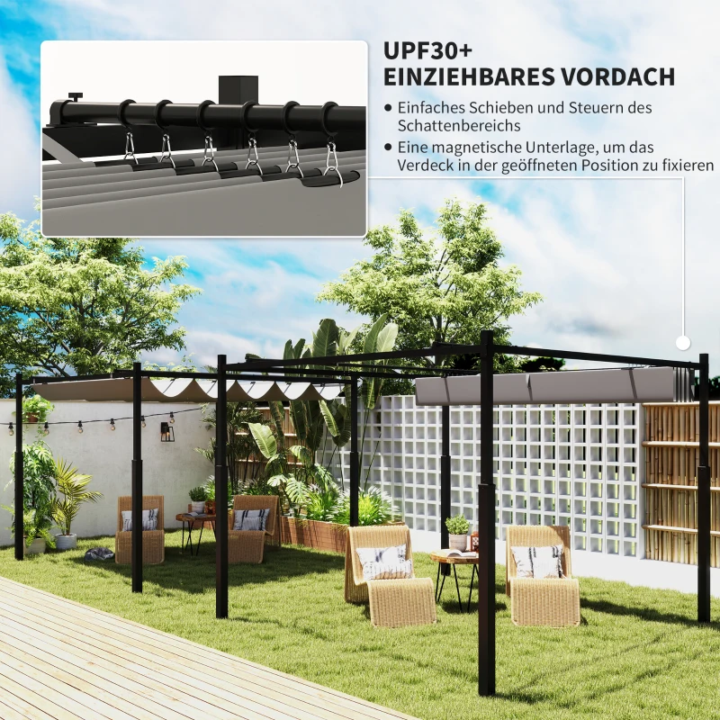 Outsunny Pergola ca. 3x3 m Freistehend Terrassenüberdachung mit Schiebedach, magnetisches Pad, 8 cm Säule UV-beständig