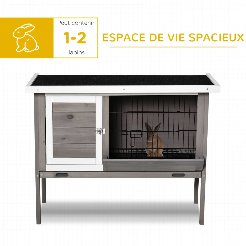PawHut Clapier en bois pour lapin avec toit en asphalte mangeoire plateau amovible et 2 portes 91 x 46 x 71 cm gris
