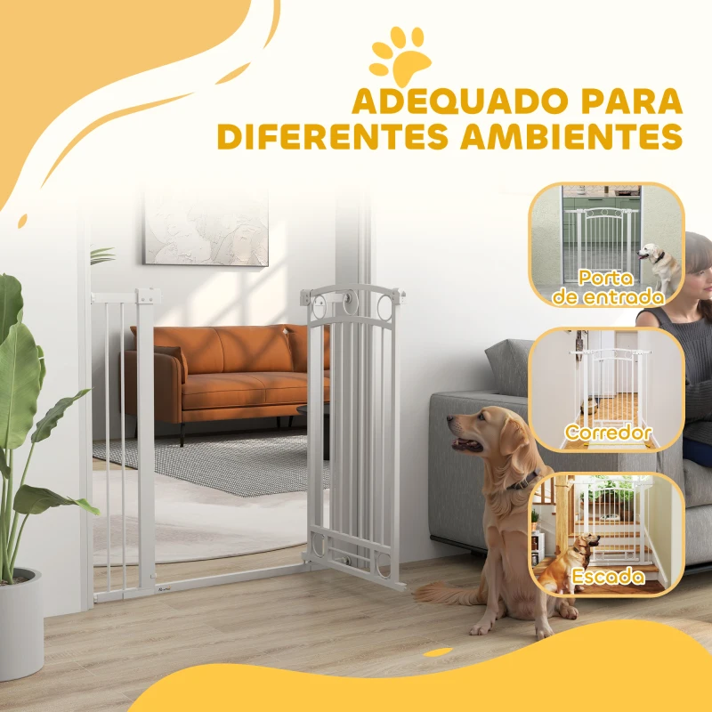 PawHut Barreira de Segurança para Cães com Largura Ajustável 76-104 cm 2 Extensões para Escadas e Portas 76-104x104 cm Branco