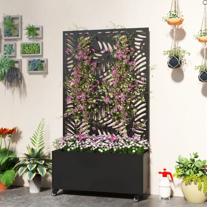 Outsunny Floreira Exterior Grande com Rodas e Painel de Privacidade com Folhas de Monstera Estrutura de Metal 90x30x160 cm Preto
