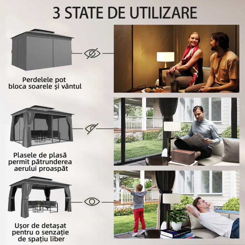 Outsunny Foișor de Grădină cu Acoperiș pe 2 Nivele, Plase de Țânțari și Perdele, din Metal și Poliester, 380x300x270 cm, Gri Închis