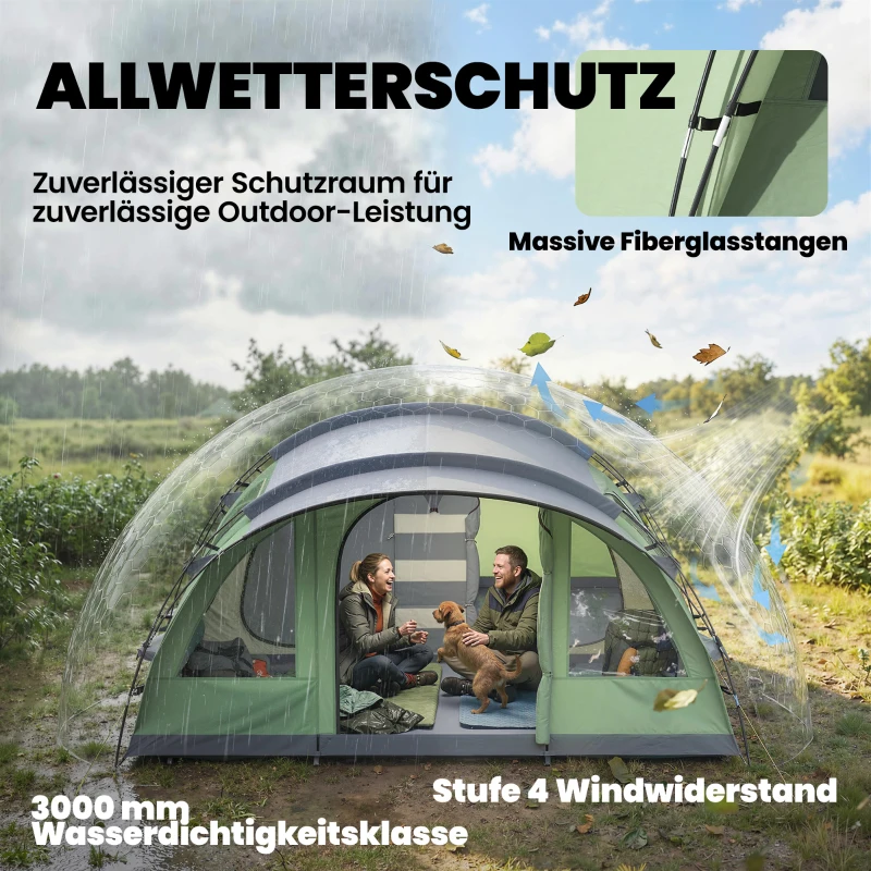 Outsunny Tunnelzelt 5 Personen Familienzelt mit 2 Schlafkabine Vorzelt 4 Fenstern Bodenplane Stehhöhe 3000 mm Wassersäule