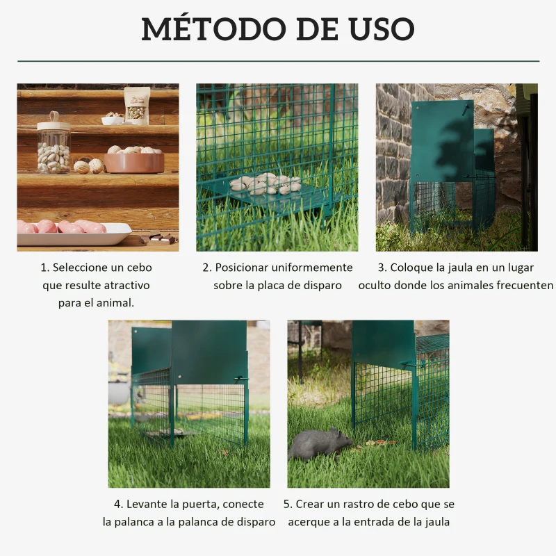 PawHut Trampa para Animales Vivos 100x25x28 cm Jaula Trampa para Gatos con 2 Puertas Asa y Marco de Acero para Ratones Roedores Verde Oscuro