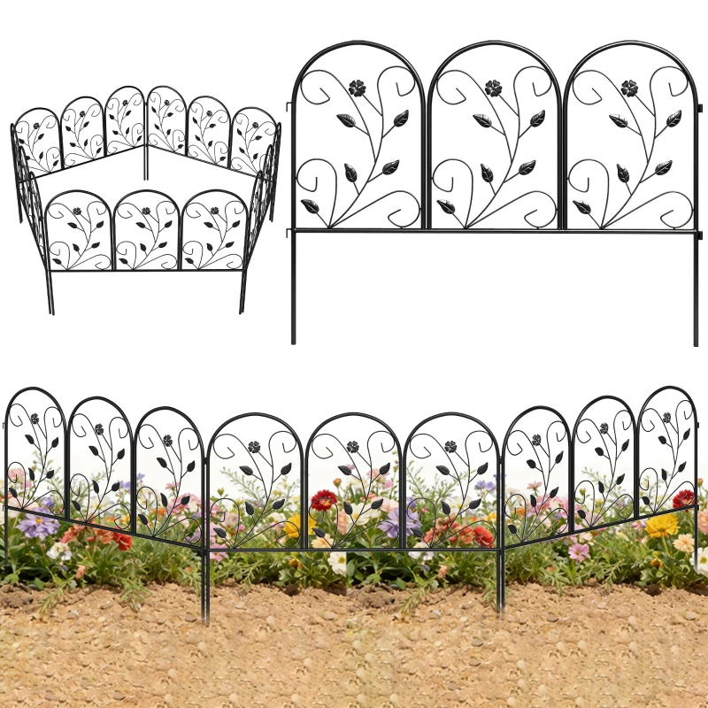 Outsunny Gartenzaun Zaun aus Metall 80 x 60 cm Dekorativer Gitterzaun Set mit Fuß für Garten Blumenbeete Tierbarriere Schwarz