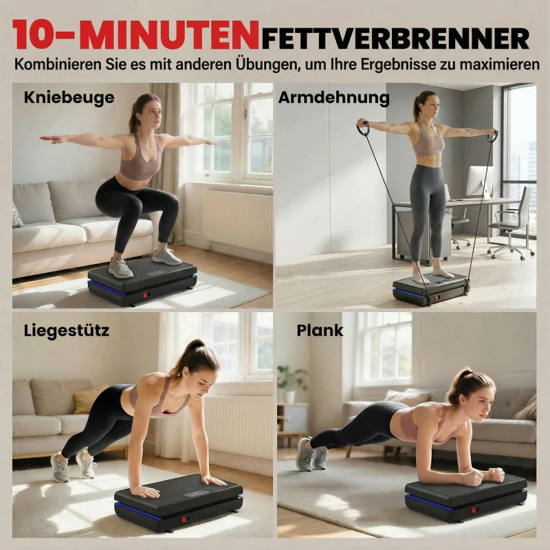 SPORTNOW Vibrationsplatte Rüttelplatte mit 120 Intensitätsstufen 5 Vorprogramm LED-Lichtern Widerstandsbänder Rutschfest