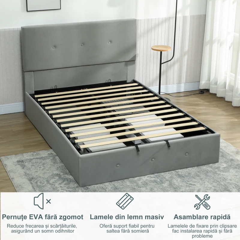 HOMCOM Cadru Pat Dublu 140x190 cm, Pat Dublu cu Spațiu de Depozitare, Tăblie Capitonață în Material Catifelat, Piston pe Gaz, Șipci din Lemn, Silențios, Montaj Ușor, Gri