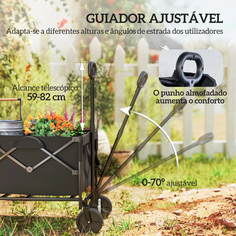 Outsunny Carrinho de Transporte Carrinho de Jardim Dobrável com Guiador Telescópico Ajustável Porta Traseira Expandível 95x55x102 cm Preto