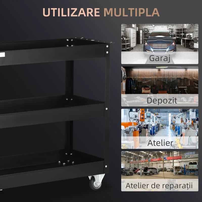 DURHAND Cărucior Port-Scule cu 3 Niveluri din Oțel cu Margini Înalte și 4 Roți Pivotante, 83x35,3x76 cm, Negru