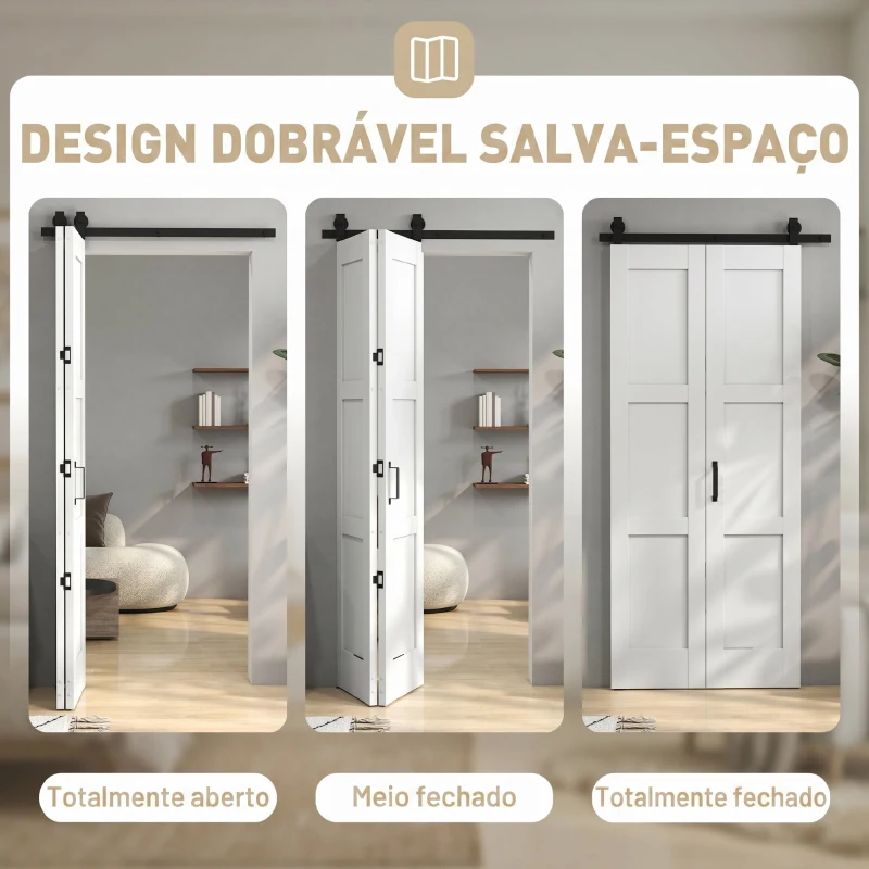 HOMCOM Porta Deslizante Dobrável com Ferragens 91,4x213,4 cm com Roldana Trilho de Aço Guia de Piso Puxador Branco