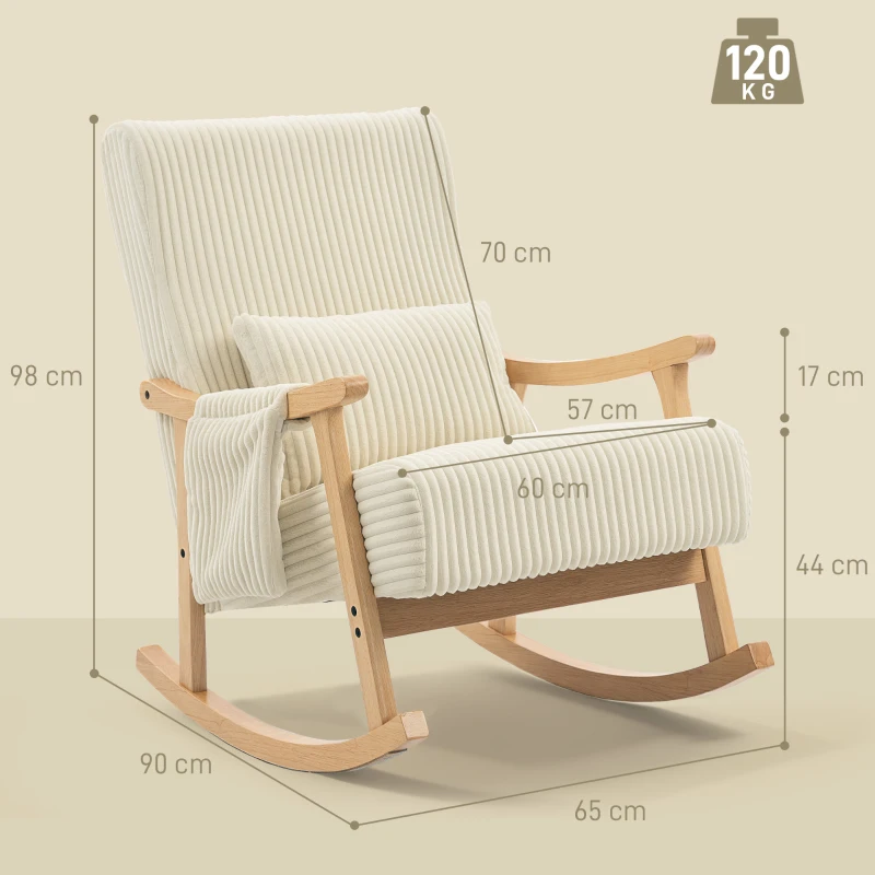HOMCOM Poltrona Baloiço Moderna em Veludo Cotelê com Apoio para os Braços Almofada Lombar e Bolso Poltrona de Amamentação 65x90x98 cm Bege