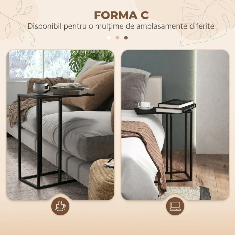 HOMCOM Măsuță de Cafea Înaltă și Industrială în Formă de C din Oțel, 46x26x60 cm, Negru