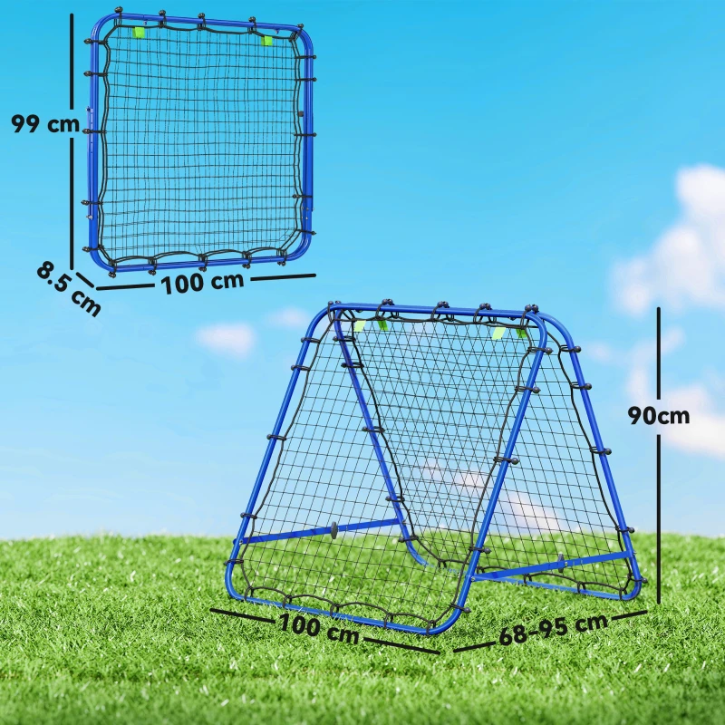 HOMCOM Plasă de Fotbal Rebounder Pliabilă din PE și Metal cu Unghi Reglabil și Țepușe, 100x95x90 cm, Albastru