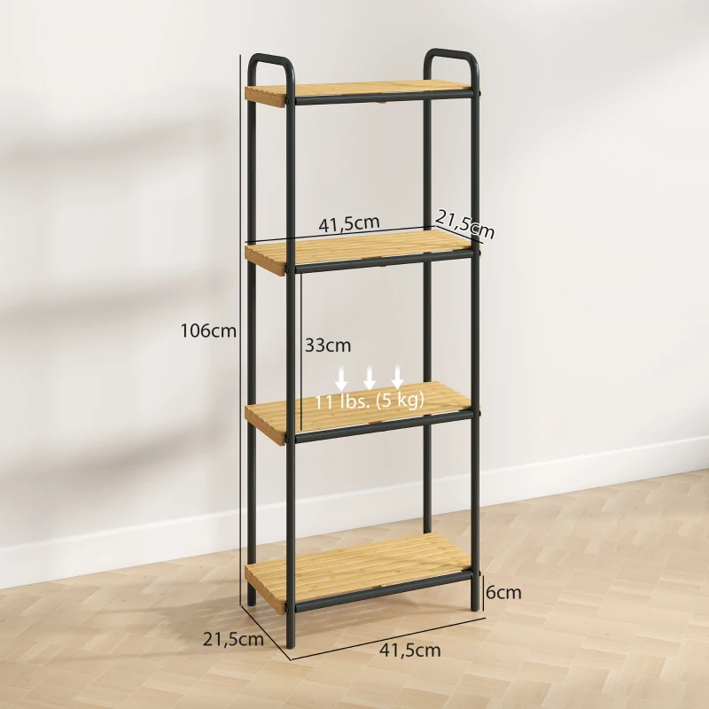 HOMCOM Estante de Casa de Banho de Bambu de 3 Níveis Estante de Armazenamento com 3 Prateleiras Ripas e Estrutura de Aço 41,5x21,5x106 cm Madeira e Preto