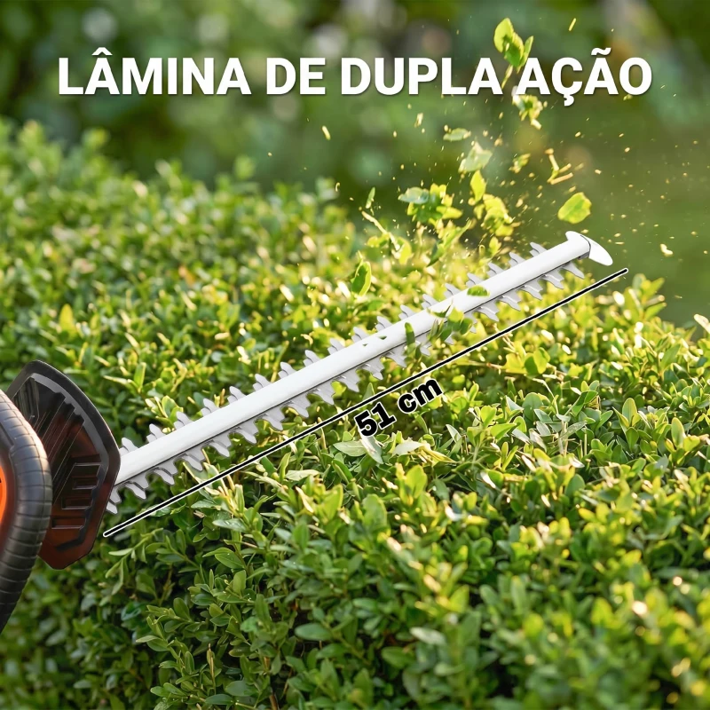 Outsunny Cortador de Sebes a Bateria 18V com Bateria de 2000mAh Lâmina de Dupla Ação 51 cm Motor sem Escovas e Carregador Laranja