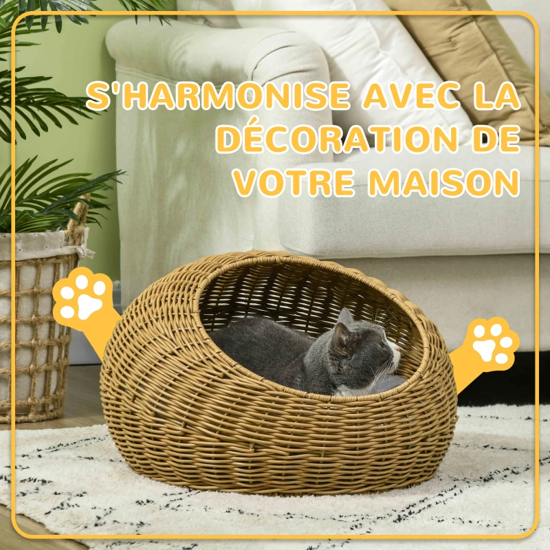 PawHut Niche pour chat lit panier de chat en résine tressée imitation rotin coussin doux déhoussable Ø 50 x 31H cm marron