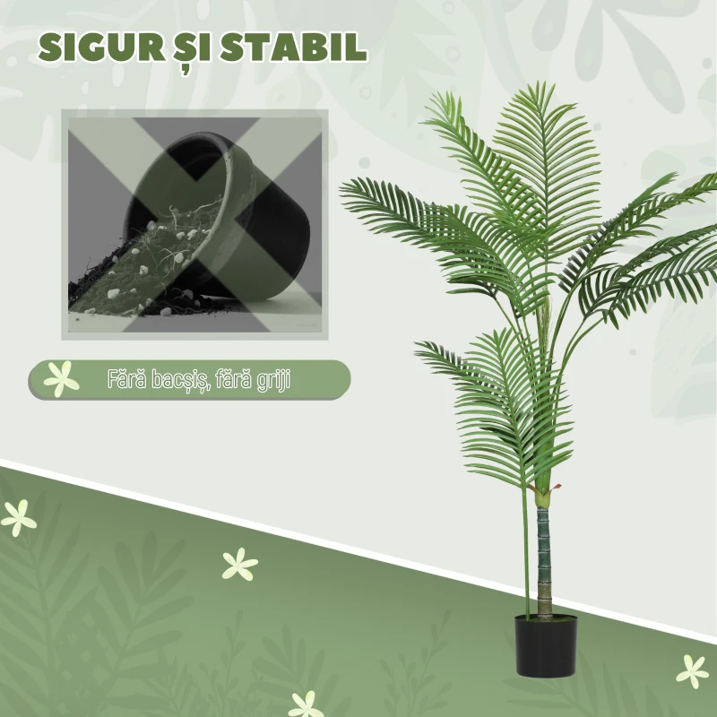 HOMCOM Plantă Artificială Areca Palm, Înălțime 150 cm, pentru Interior, cu Ghiveci, Decorațiune pentru Casă și Birou, Verde