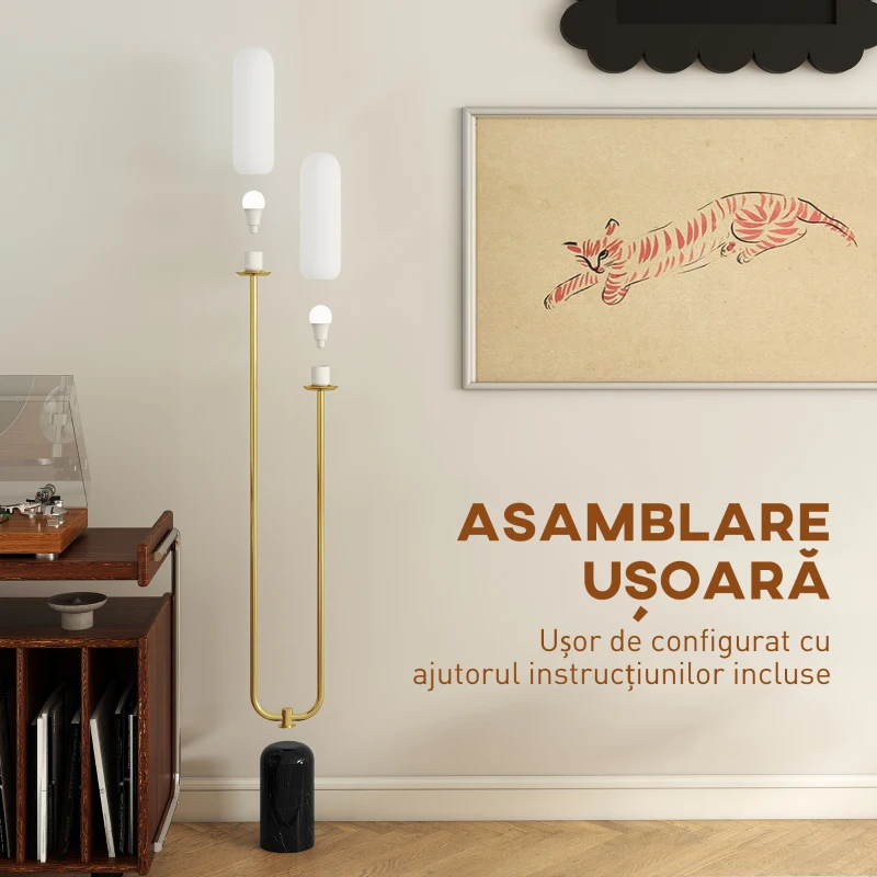 HOMCOM Lampadar în formă de U cu 2 Lumini și Întrerupător de Picior, Lampă de Podea din Sticlă și Oțel cu Bază de Marmură, 26x12x150 cm, Alb Negru și Auriu