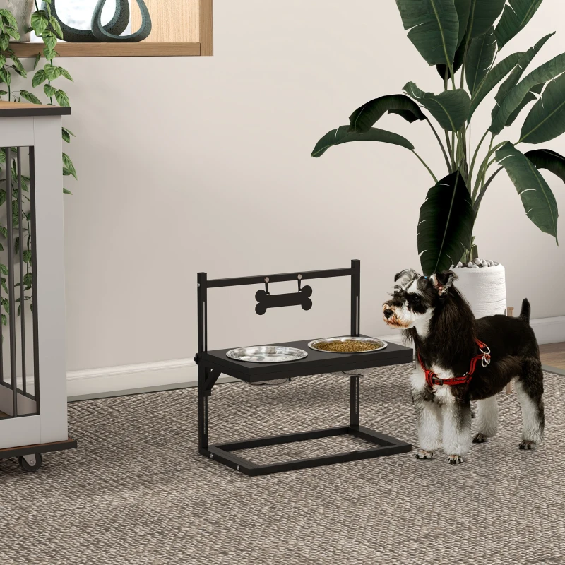 PawHut Suport Boluri pentru Câini Ridicat cu Înălțime Reglabilă, 2 Boluri din Oțel de 900ml, Negru