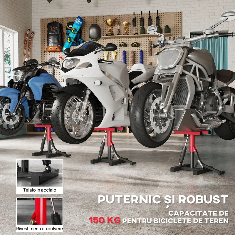 HOMCOM Stand pentru motocicletă din oțel, capacitate 150 kg, înălțime reglabilă și suprafață antiderapantă, roșu