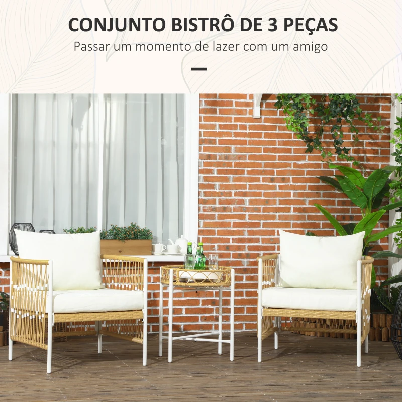 Outsunny Conjunto de Jardim Exterior com 2 Cadeiras e Mesa em Vime com Almofadas Acolchoadas para Varanda Terraço Bege e Creme