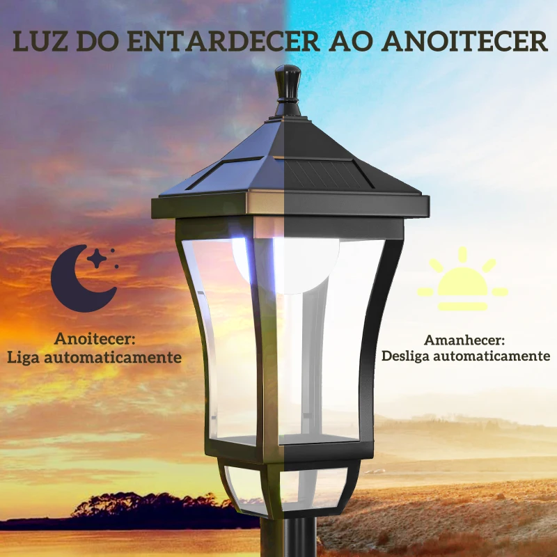 Outsunny Candeeiro Solar de Jardim Candeeiro com Painel Solar Liga e Desliga Automaticamente para Exterior Pátio 15x15x127 cm Preto