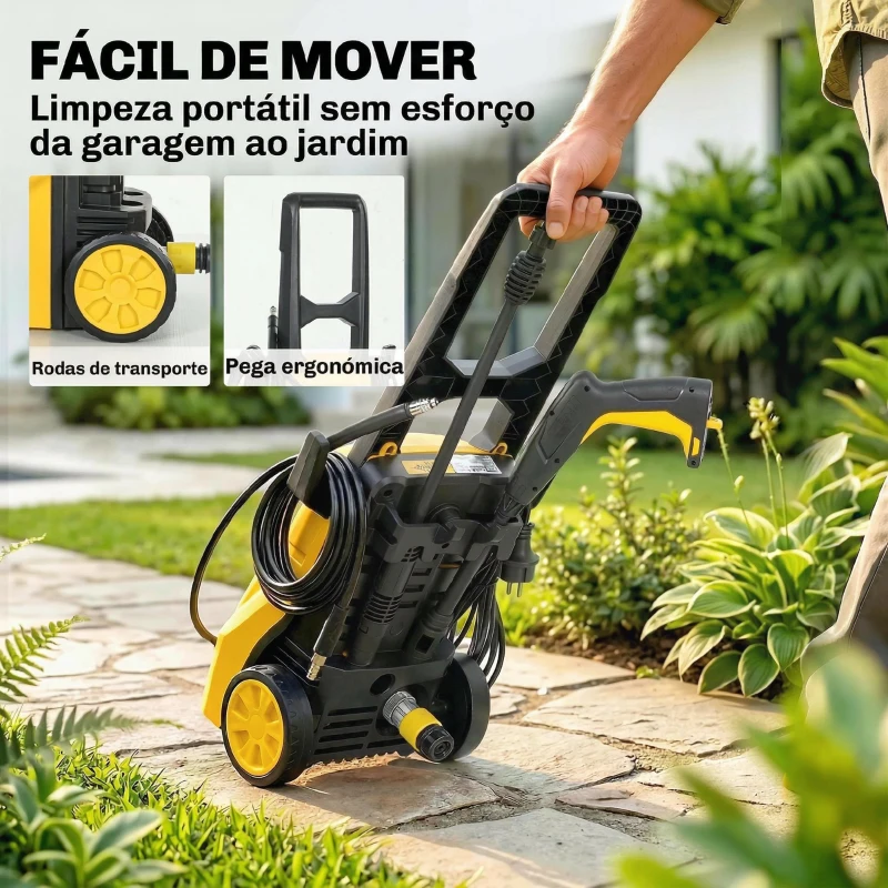 Outsunny Lavadora de Alta Pressão 1600W Presión 100 Bar Caudal 390 L/h com Bocal Ajustável e Rodas 29,5x22x60 cm Amarelo