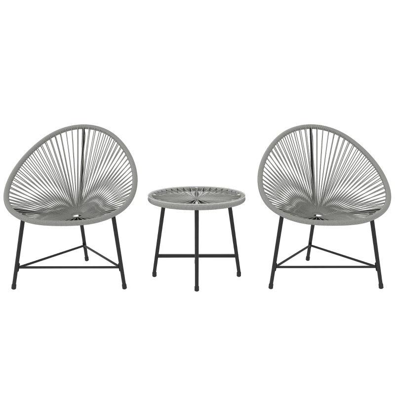 Outsunny 3-teiliges Gartenmöbel-Set, 2 Kunststoffrattan-Stühle, 1 Tisch mit Glasplatte, Stahlrahmen, Outdoor-Sitzmöbel, Grau