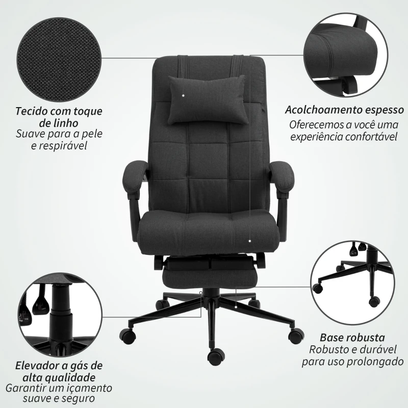 Vinsetto Cadeira de Escritório Reclinável com Altura Ajustável Apoio para Pés Encosto de Cabeça e Apoios para Braços 66x76x112-120 cm Preto