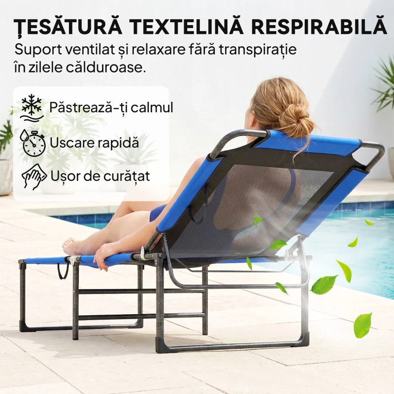 Outsunny Șezlong Pliabil, Spătar Reglabil pe 4 Poziții, Mânere pentru Transport, Culoare Albastru