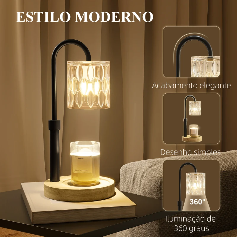 HOMCOM Candeeiro de Mesa Candeeiro Aquecedor de Vela com Base de Madeira Ecrã de Vidro Ø15x32,5 cm Multicor