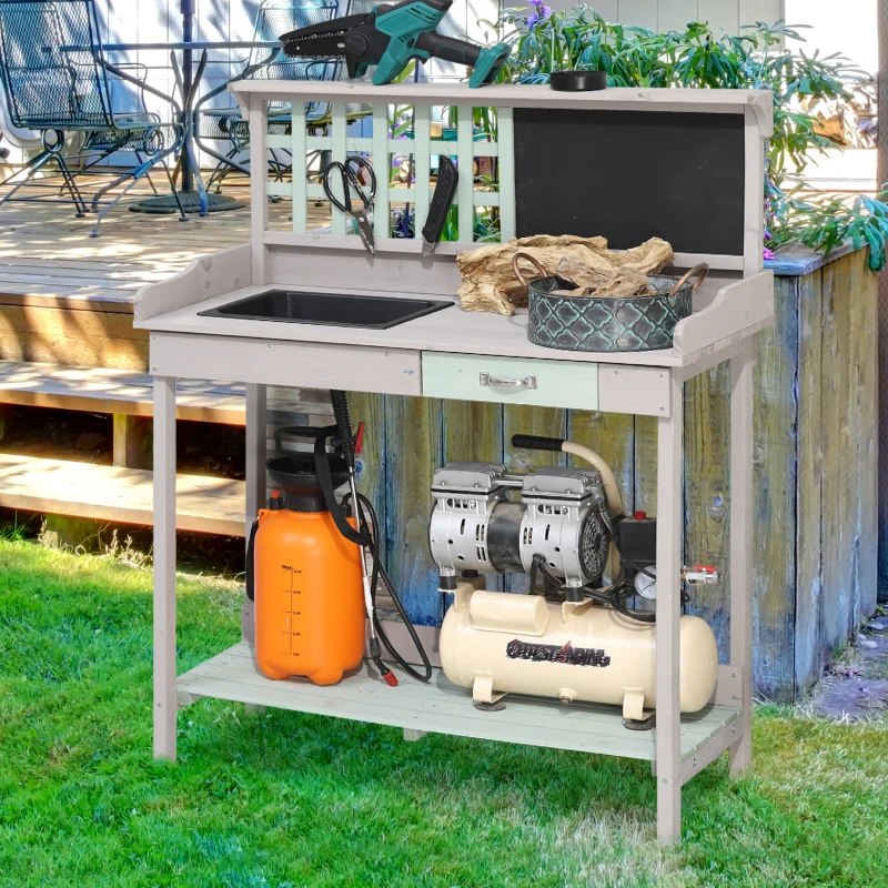 HOMCOM Pflanztisch Gärtnertisch Gartentisch Blumentisch mit Schublade und Wanne für den Garten Tannenholz Mintgrün + Grau 92 x 42,5 x 119,5 cm