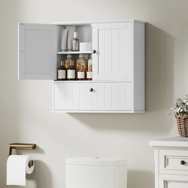 HOMCOM Armário Casa de Banho de Parede Rústico com Prateleira Ajustável Dupla Porta Porta Basculante e Fecho Magnético 60x19,5x60 cm Branco