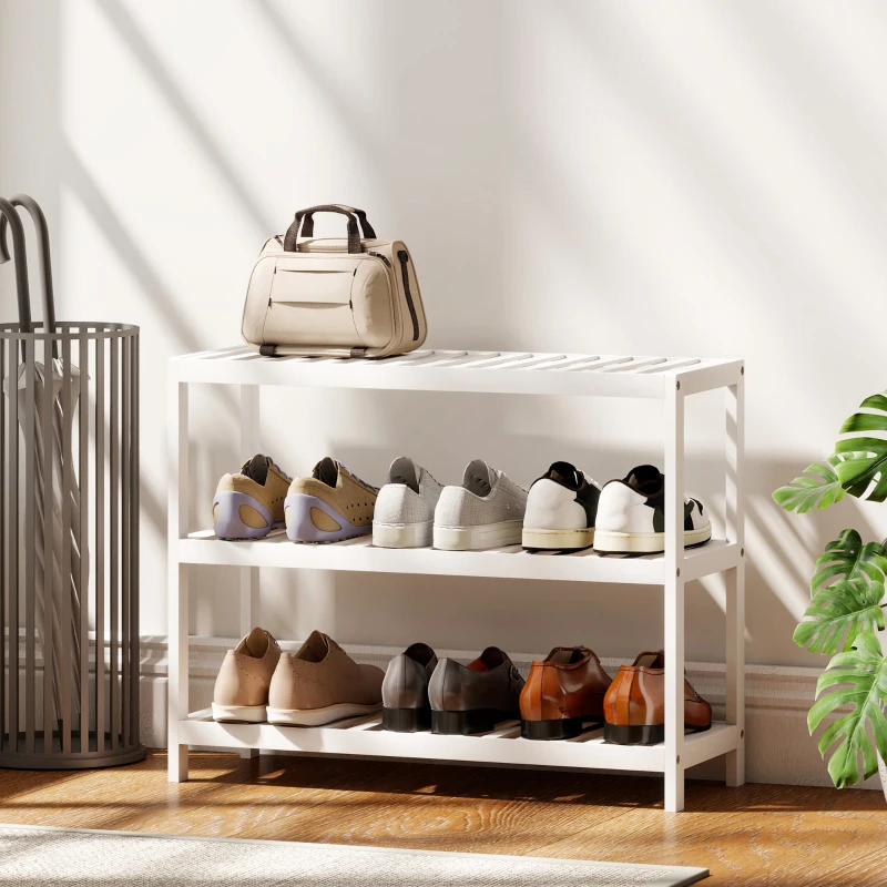 HOMCOM 3-stufiges Bambusregal, Schuhregal, Aufbewahrungsregal, lackierte Oberfläche, Weiß