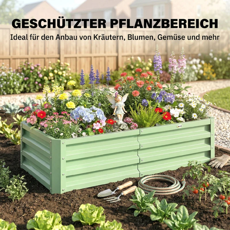 Outsunny Hochbeet Pflanzkasten, wetterbeständig, offener Boden, verzinkter Stahl, 120 cm x 60 cm x 30,5 cm, Grün
