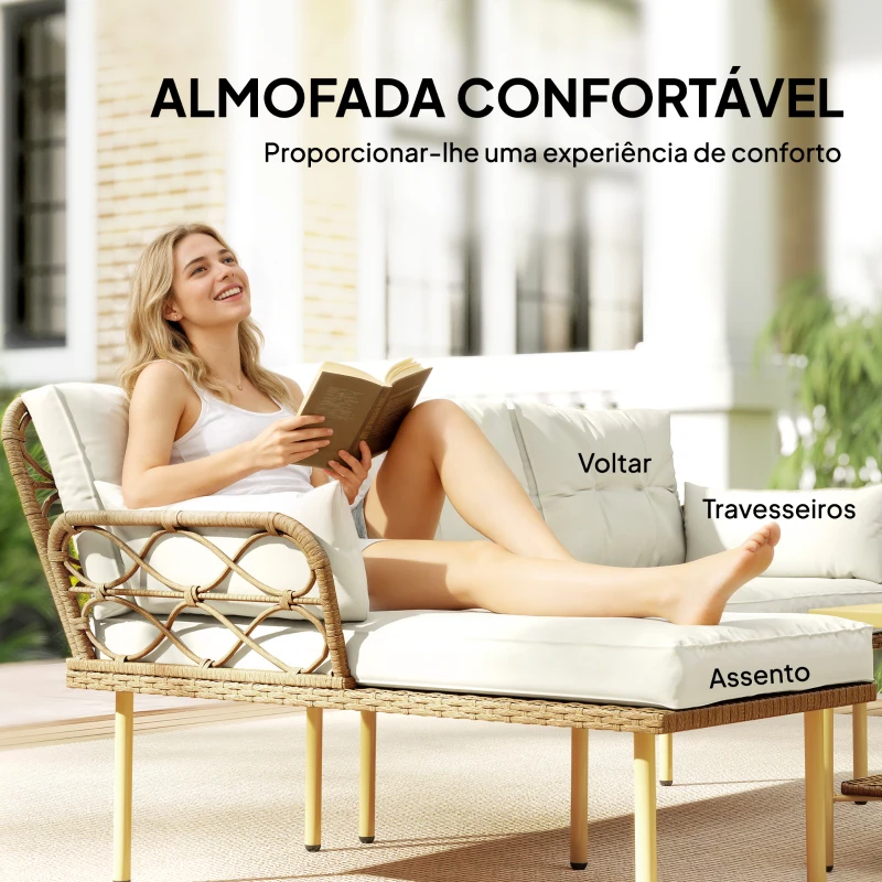 Outsunny Conjunto de Jardim Exterior em Vime com 1 Sofá de Dois Lugares 1 Espreguiçadeira e 1 Mesa de Centro Madeira e Creme