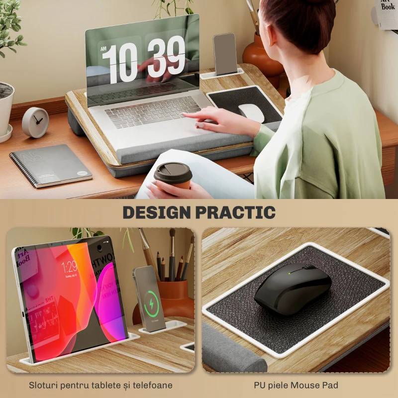 HOMCOM Suport pentru Laptop de 15.6" cu Suport Mouse și Pernă pentru Încheieturi, Slot pentru Tabletă și Smartphone, Stejar