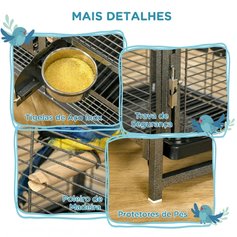 PawHut Gaiola para Pássaros Portátil com 2 Poleiros de Madeira Comedouros de Aço Inoxidável e Bandeja Amovível 48x38x47,8 cm Preto