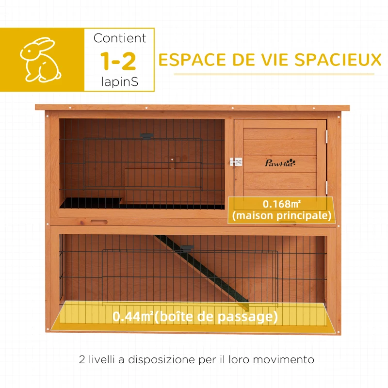 PawHut Clapier à lapin en bois 2 étages avec 3 portes plateau coulissant rampe toit bitumé 120 x 50 x 92 cm orange